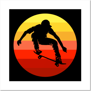 Extreme skateboarder flying in front of retro vintage sunset Posters and Art